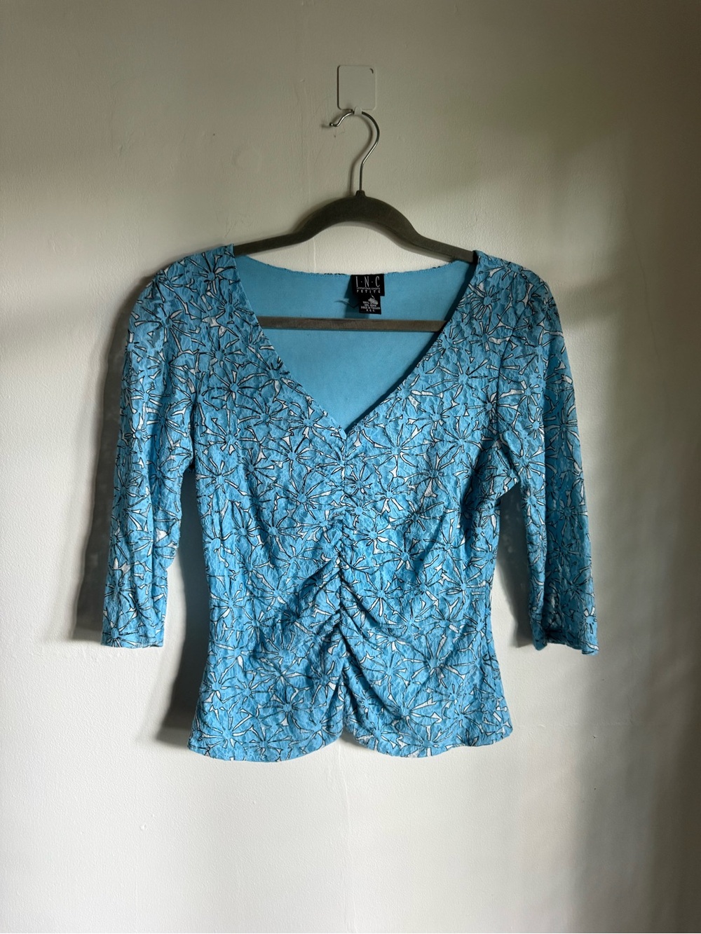 INC International Concepts Turquoise Blue V-Neck 3/4 Sleeve Ruched Floral Top
